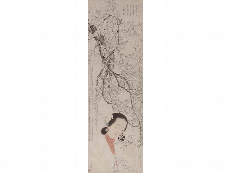 金禮嬴〈美人芳樹圖〉軸，紙本水墨設色，130.5×41.8公分，香港中文大學文物館藏。（香港中文大學文物館提供）