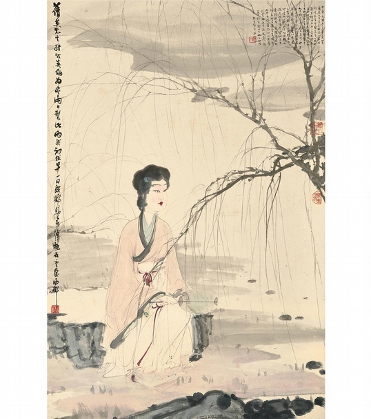 傅抱石1946年作《柳溪仕女》，成交價2,537萬5,000港元。（香港蘇富比提供）