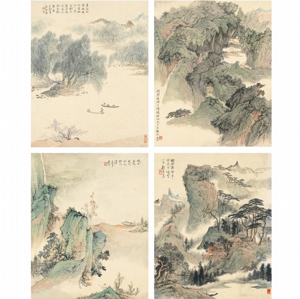 鄭午昌1939年作《夢窗詞意山水冊》，1,637萬5,000港元成交，並創藝術家拍賣最高紀錄。圖為其中四開。（香港蘇富比提供）