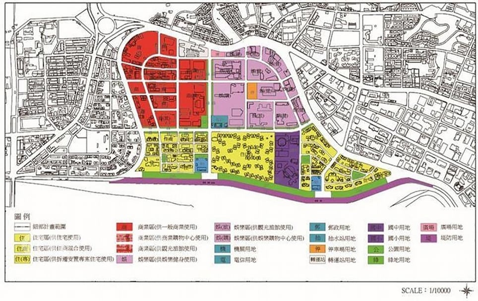 大直重劃區（大彎北段商業宅）的都市計畫分區圖，圖中的紅色和紫色區域皆為商業區，而如今紅色區域大量違規蓋成豪宅的商業宅，已在今年被就市政就地合法。