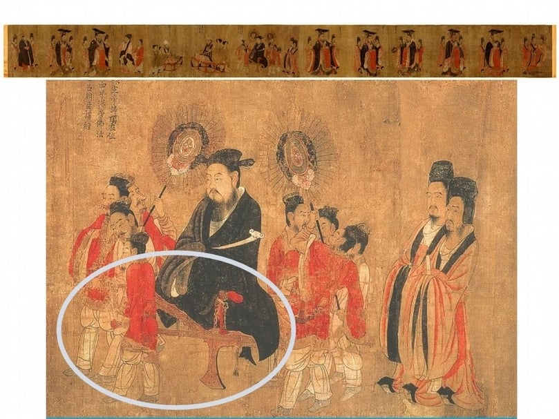 唐代閻立本的《歷代帝王圖》，現藏於美國波士頓博物館。圈選處即是傅芸子用來參照紫檀木挾軾的傢俱。（維基百科提供）