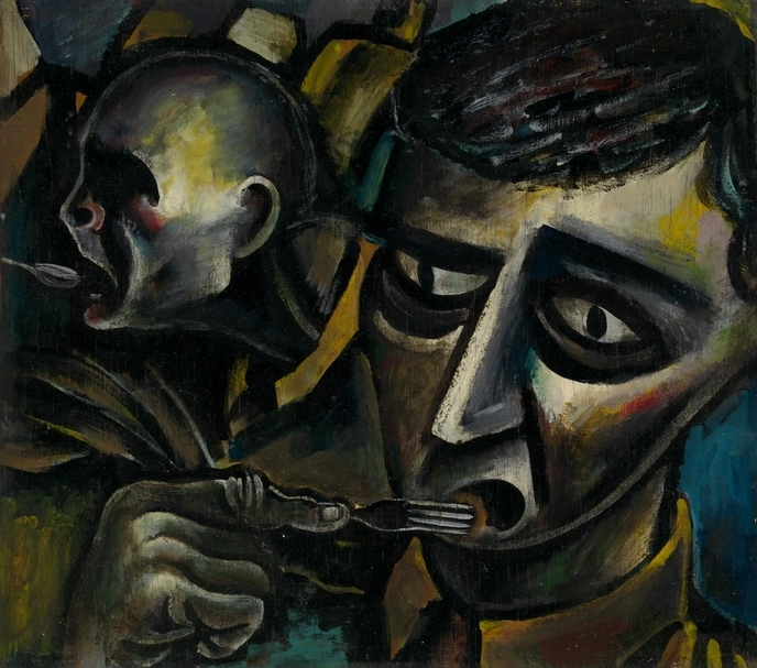 亞伯特．吐克（Albert Tucker）《軍中早餐》（Army breakfast），木板瓷漆，27.1×30.5cm，1942，此為吐克從軍時期之作品。（© www.ngv.vic.gov.au）。