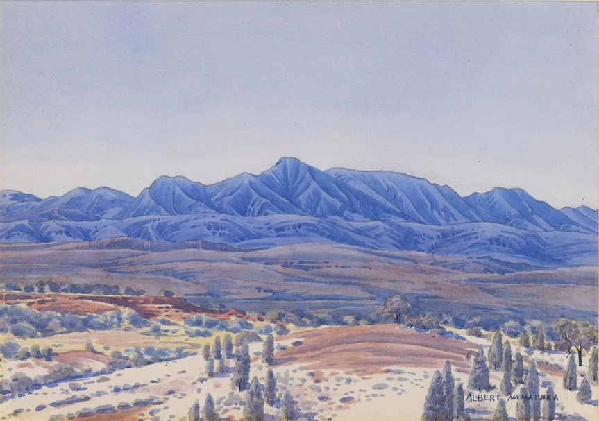 亞伯特．納馬吉拉（Albert Namatjira）《從吉伯泉沙丘看吉里斯山》（Mt Giles from sandhills near Gilbert Springs），水彩、鉛筆，26.2×37cm，1945。（© www.ngv.vic.gov.au）