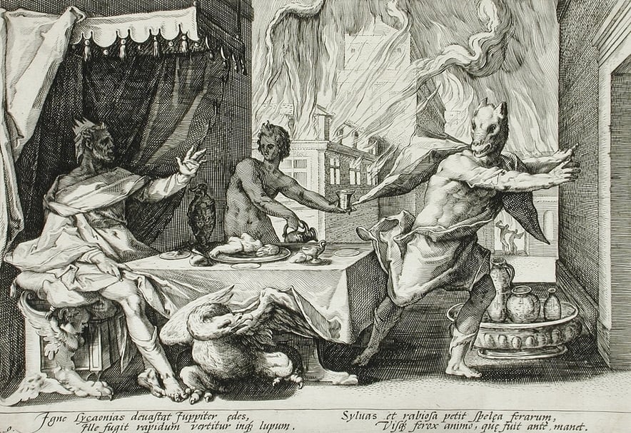 荷蘭版畫家亨德里克·霍爾奇尼斯（Hendrick Goltzius）於1589年替《變形記》出版的銅版畫插圖《萊肯變身成狼》（Lycaon Transformed into a Wolf），洛杉磯郡立美術館收藏。（©LACMA）