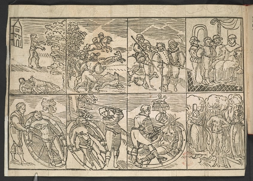 《彼得史坦普可憎的一生與死亡》的木版畫扉頁圖，1590年於倫敦出版，大英圖書館收藏。（Public Domain）