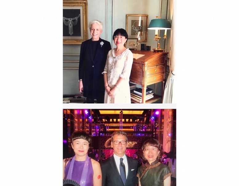 上圖為筆者與Chaumet 博物館館長德．布蘭瓦（Béatrice de Plinval）於巴黎合影；下圖為筆者與Cartier總監哈內勒（Pierre Rainero）於故宮合影。（陸仲雁提供）