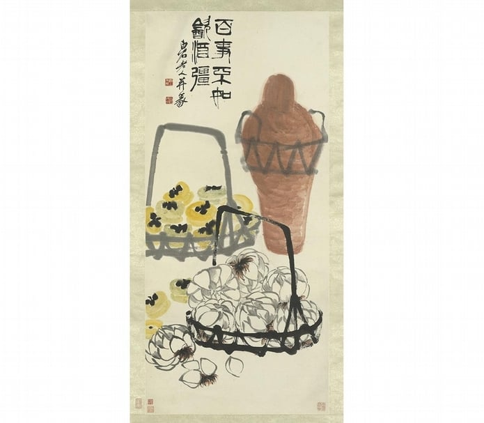 民國齊白石〈酒柿〉,135.5×61.6公分。(國立故宮博物院提供)