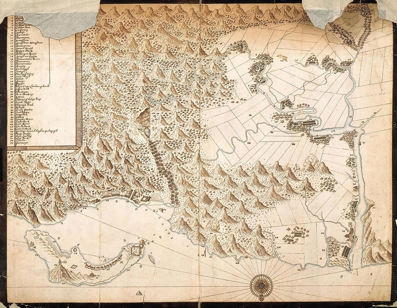 荷蘭人於1654年所繪製的大臺北古地圖，可以清楚看見聖薩爾瓦多城，原圖典藏於荷蘭海牙國家檔案館。（Public Domain）