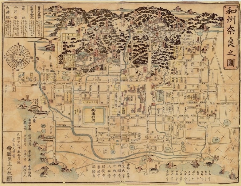 江戶時代天保十五年（1844）〈和州奈良之圖〉，此為當時流行的觀光地圖，列出奈良一帶重要寺院。（圖片來源：UBC Library）