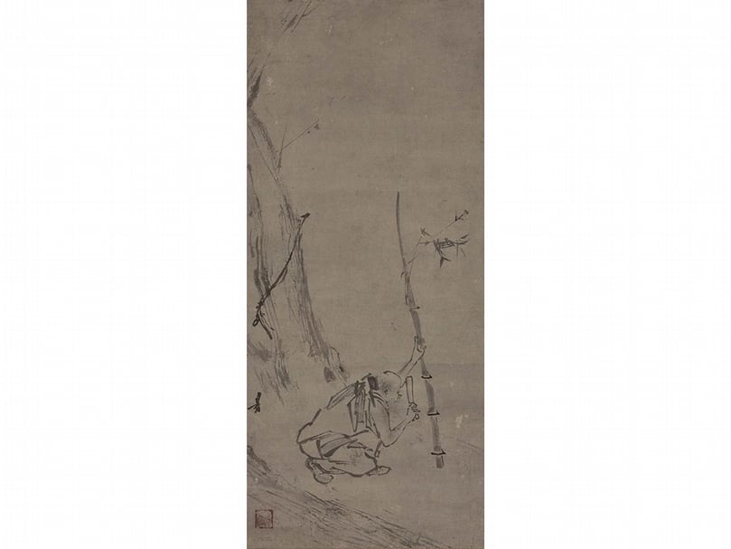 13世紀（南宋）梁楷〈六祖截竹圖〉，有「道有」印，72.7×31.5公分，紙本墨畫，東京國立博物館藏。（©Wikimedia Commons）