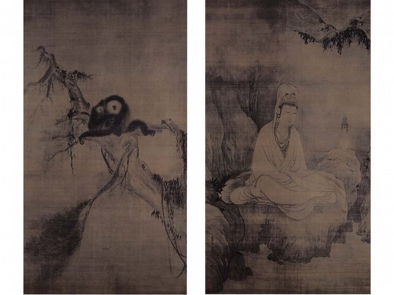 左為13世紀（南宋）牧谿《猿圖》，174.2×100公分，絹本墨畫淡彩，國寶，京都大德寺藏；右為13世紀（南宋）牧谿《觀音圖》，有「道有」印，172.4×98公分，絹本墨畫淡彩，國寶，京都大德寺藏。（翻攝自《日本美術全集12水墨畫と中世繪卷：南北朝‧室町の繪畫I》，東京：講談社，1992）
