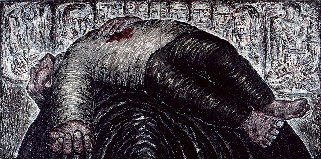 吳天章《向無名英雄致敬（紀念228事件）》油彩畫布，170 x 340cm，1992。（耿畫廊提供）