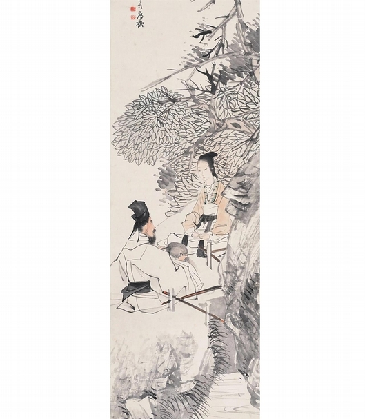 傅抱石 《高人讀書圖》，1943 年作，設色紙本。鈐有「抱石大利」、「印癡」、「抱石齋」，上方題識寫到「高人讀書處，取境非塵寰。最愛茅檐際，梅花雪裏山。癸未九月初四日，寫於重慶西郊金剛坡下，傅抱石」。（華藝香港提供）