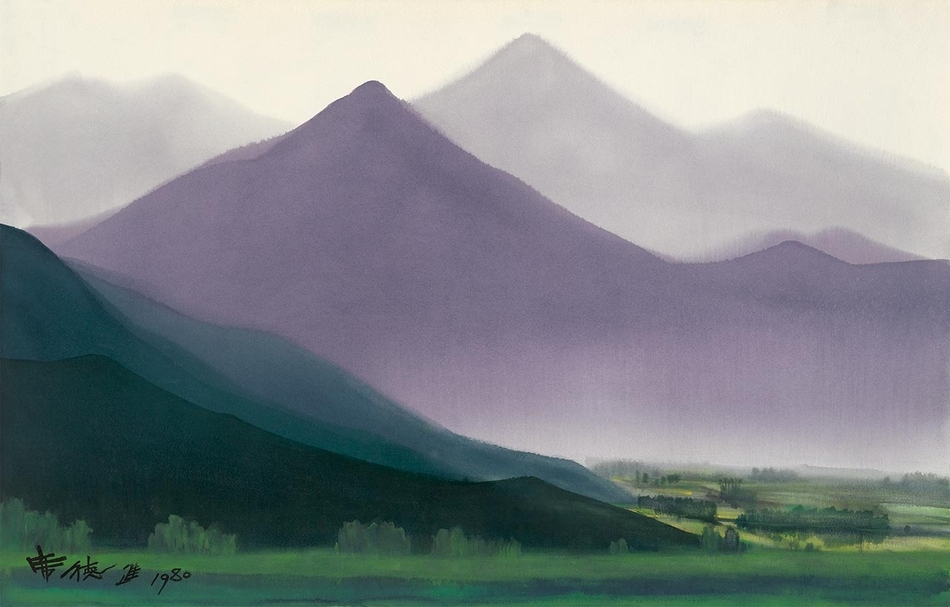 席德進《遠眺埔里山色1》,水彩、紙本,65x102cm,1980,估價:150萬至280萬。(中誠拍賣提供)