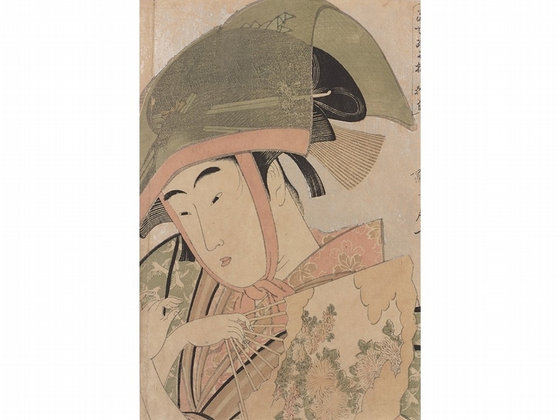 喜多川歌麿《今世舞孃集 吉原雀》,大判錦繪,約寬政五至六年(1793-1794)。本畫作為描繪舞伎的系列作品之一,除了本作還有《鷺娘》、《道成寺》、《石橋》、《三番叟》等四件。這些畫作都將焦點放在描繪上半身的大首繪,但和歌麿其他大首繪相較仍顯得特別大,這類畫作也被稱為大顏繪。畫作背景運用「雲母摺」的技術,使畫面帶有光澤,更能襯托出人物肖像。內容乃描繪舞孃跳著長唄舞蹈「教草吉原雀」的樣貌。「教草吉原雀」是在明和五年(1768)首演的歌舞伎舞蹈,內容是平安時代後期,武將八幡太郎義家攻打奧州的戲劇。故