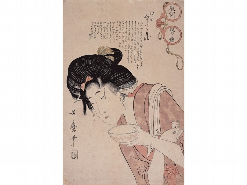 喜多川歌麿《教訓親之目鑑 俗云 懶惰兵衛》,大判錦繪,享和二年(1802)。「親之目鑑」表示父母眼裡所見缺乏教養且有各式缺點的女性。本系列歌麿共創作了十張,描繪隨興不修邊幅的惡女們,不符合父母心中所抱持的理想狀態。這張《懶惰兵衛》描繪的是貪睡懶散的女子,一副睡眼惺忪神情,正起床梳洗的模樣。(文/山本野理子,圖由時藝多媒體提供)