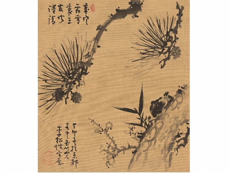 李松坡1927年作〈歲寒三友圖〉，畫仙板水墨，27.3×24.2公分。（圖／陳澄波文化基金會）