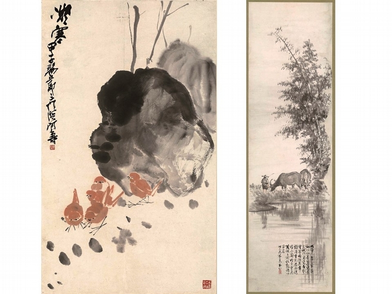 左：潘天壽1924年作《凝寒》，紙本設色，68×40.5公分。右：林玉山1926年作《竹林與水牛》，紙本水墨，133×38.5公分。（圖／陳澄波文化基金會）
