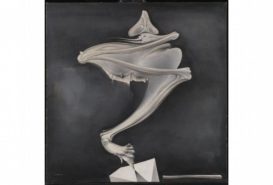 漢斯．貝爾墨（Hans Bellmer）《陀螺》（Peg-Top），油彩、畫布，65x65cm，1937-52。（©ADAGP,Paris and DACS, London 2019）