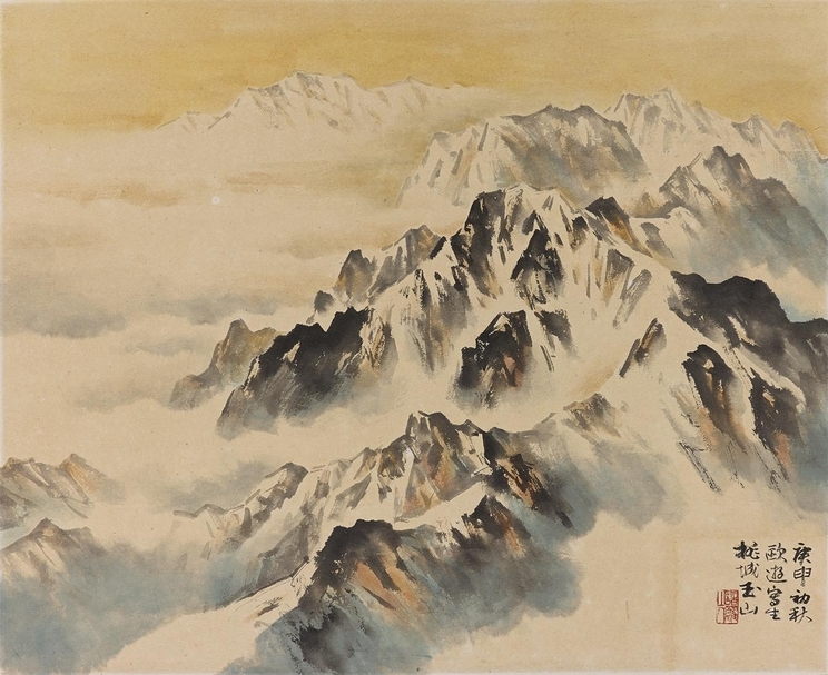 林玉山《瑞士雪山》，彩墨、金、紙本，48.5x60cm，1980，國立臺灣美術館典藏。（©國立臺灣美術館）