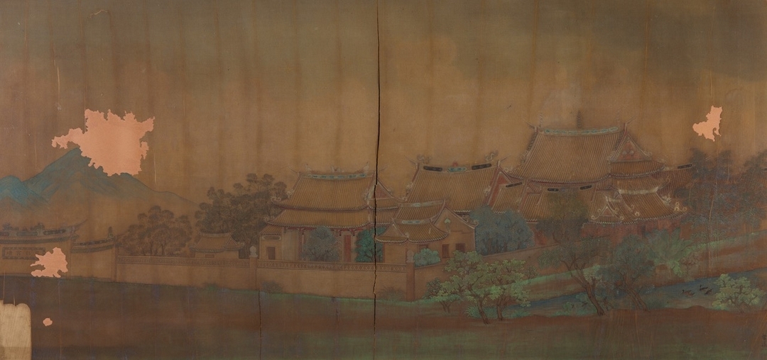 「2019年度捐贈典藏」中，蔡雪溪《臺北孔子廟》，膠彩、絹本，69×145cm，1941。（臺北市立美術館典藏）