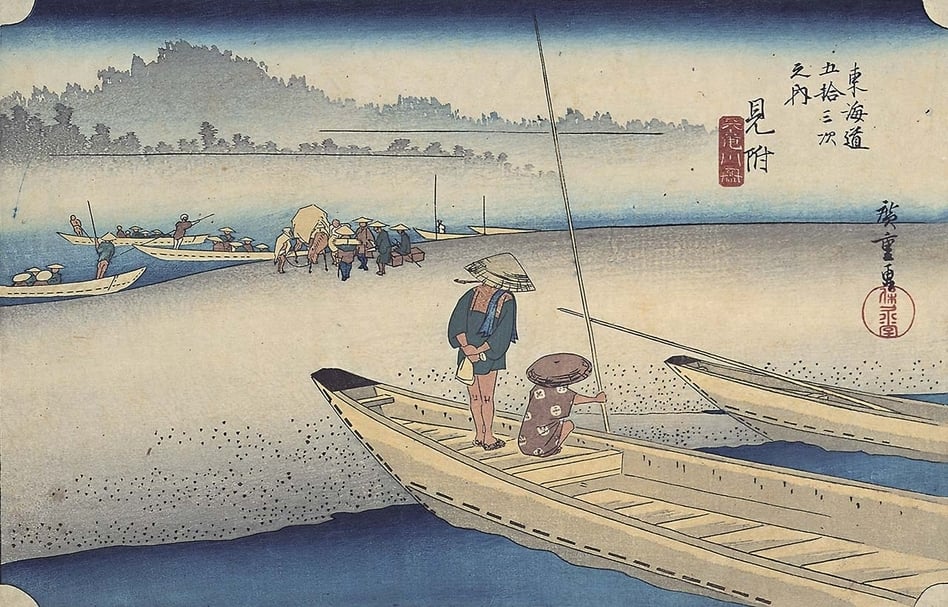 歌川廣重〈東海道五拾三次之內 見附 天龍川圖〉。（©Nakau Collection）
