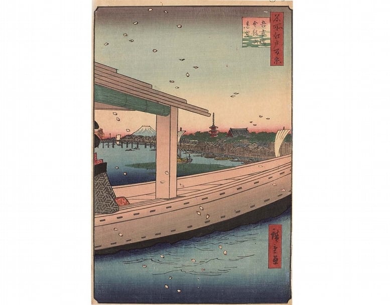 歌川廣重〈名所江百景 遠望吾妻橋金龍山〉。（©Nakau Collection）