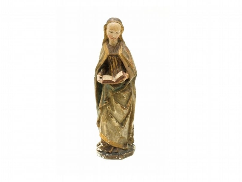 1480年代萊茵河下游地區〈Virgin Annunciate or Female Saint Germany〉，洛杉磯郡立美術館藏。（圖／林頎玲）