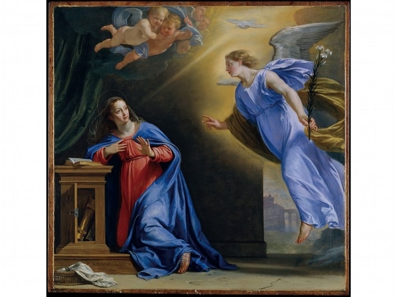 歐洲宗教畫以紅衣藍袍作為聖母衣著的傳統十分悠久，見Philippe de Champaigne1644年作〈The Annunciation〉，大都會藝術博物館藏。（© The Metropolitan Museum of Art）