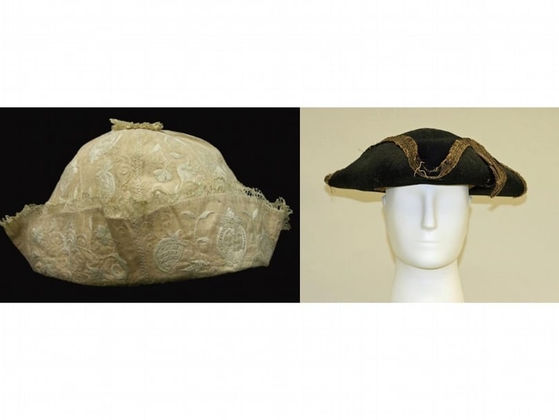 （右）法蘭西國的男子頭戴圓形便帽。1730年代至1760年代，White Embroidered Cap，美國威廉斯堡藝術博物館藏。（圖／林頎玲）；（左）18世紀男性配戴的黑色三角帽Tricorn，大都會藝術博物館藏。（© The Metropolitan Museum of Art）