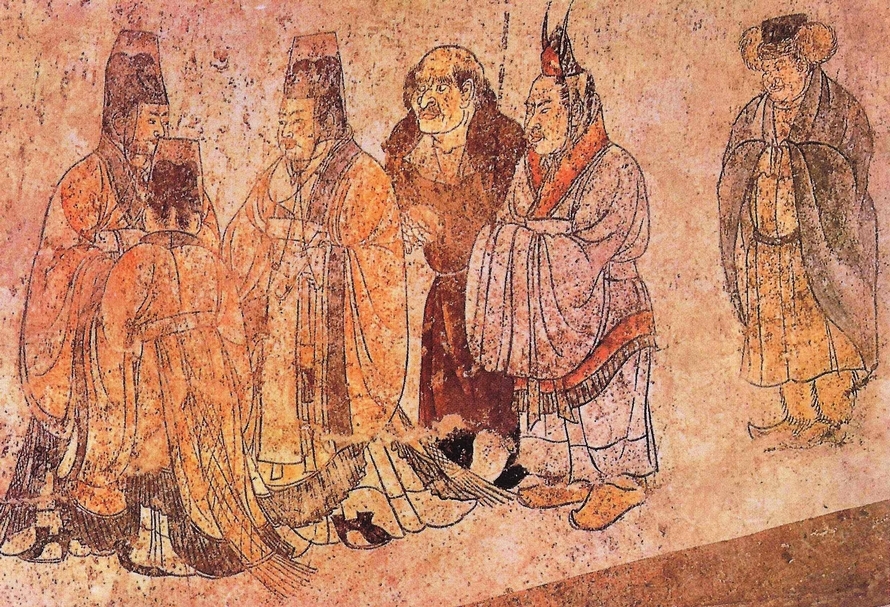 陝西乾陵唐代章懷太子墓東側〈客使圖〉，非本次展覽展品。（圖片來源：wikipedia）