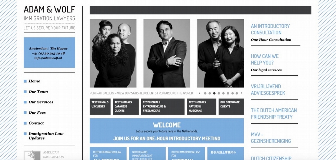 Adam & Wolf 是位於阿姆斯特丹的律師事務所，他們業務主要就是專辦移民事務。Design Academy Eindhoven這幾年常會邀請他們來學校替非歐盟畢業生演講，內容就是在畢業後怎麼拿到簽證留在荷蘭工作。（擷取自Adam & Wolf 網站：http://www.immigrationlawyersnetherlands.com/）