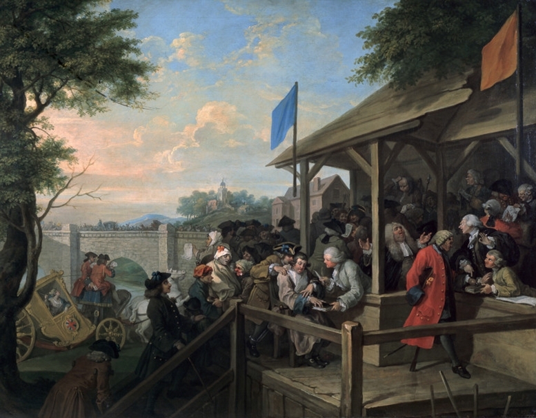 威廉．霍加斯（William Hogarth）的《投票》（The Polling，1755）的場景在某些國家的現代選舉中仍然司空見慣。（© Public Domain）