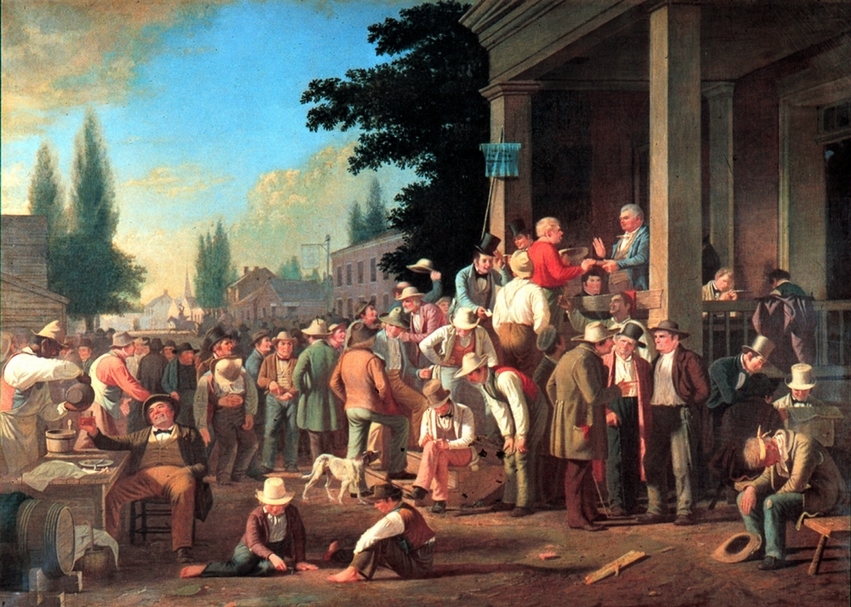 喬治．賓漢（George Caleb Bingham）的《郡選舉》（County Election）中的每人一票、每票等值，但其實沒有包括女性及奴隸。（© Public Domain）