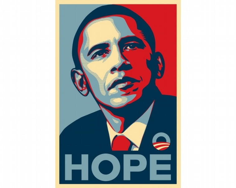 2008年塗鴉藝術家謝帕德．費爾雷（Shepard Fairey）以模板技術為美國總統候選人歐巴馬加工繪製的肖像「希望海報」。（© Obey Giant）