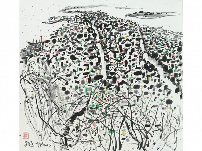 吳冠中2005年作《魯迅故鄉》，水墨設色紙本，45.3×48.6公分，吳冠中及其家人捐贈，香港藝術館藏。（圖片提供：香港藝術館）