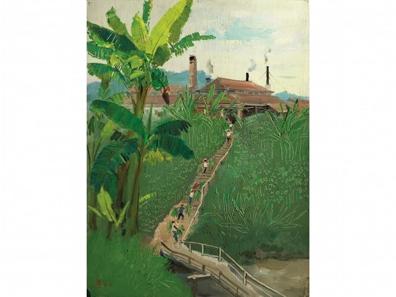 吳冠中1960年作《海南島香茅加工廠》，油彩板本，61.2×46公分，吳冠中及其家人捐贈，香港藝術館藏。（圖片提供：香港藝術館）