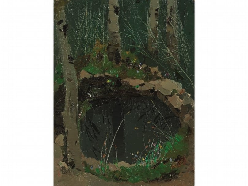 吳冠中1972年作《井》，油彩紙板，36.2×28.2公分，吳冠中及其家人捐贈，香港藝術館藏。（圖片提供：香港藝術館）
