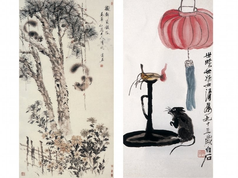 （左）虛谷〈松鼠菊花〉成交價人民幣302.5萬元。（右）齊白石〈燈鼠圖〉成交價30萬港元。（本刊資料室）