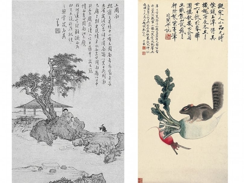 （左）溥心畬〈太平廣記故事冊〉之第11幅〈王周南〉，台北故宮藏。（右）于非闇〈松鼠蘿蔔〉，成交價54萬港元。（本刊資料室）