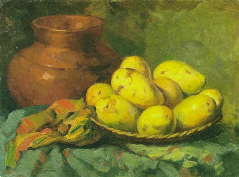 費南多．阿莫索洛（Fernando Amorsolo）《芒果靜物》（Still Life with Mangoes），41.3x55.2cm，油彩、畫布油畫，年代不詳。（© http://www.artnet.com/artists/fernando-cueto-amorsolo/still-life-with-mangoes-KCcWcagpSuYJ-mCwK8A8mw2）
