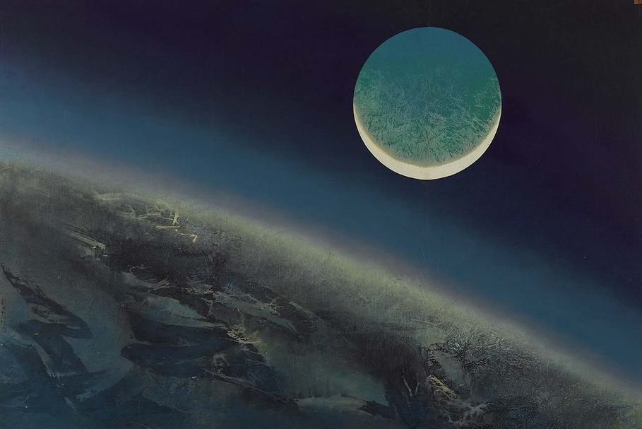 劉國松《升起的上弦月》，水墨設色紙本，151.3×224.5cm，1969-1990。（高雄市立美術館提供）