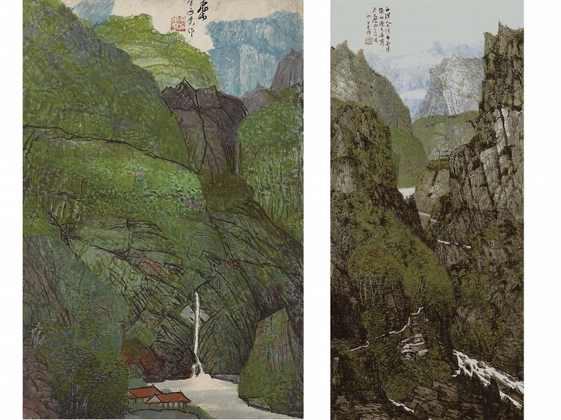 （左）余承堯《灩之谷》，設色紙本，34.5×45.5cm，年代未詳。（視覺素養學習網提供）（右）余承堯《山深人不住》，設色紙本，121×56.5cm，1970。（視覺素養學習網提供）