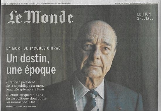 2019年9月，法國《世界》日報（Le Monde）以頭條「一個命運、一個時代」刊登了席哈克前總統往生的消息。（取自網路）