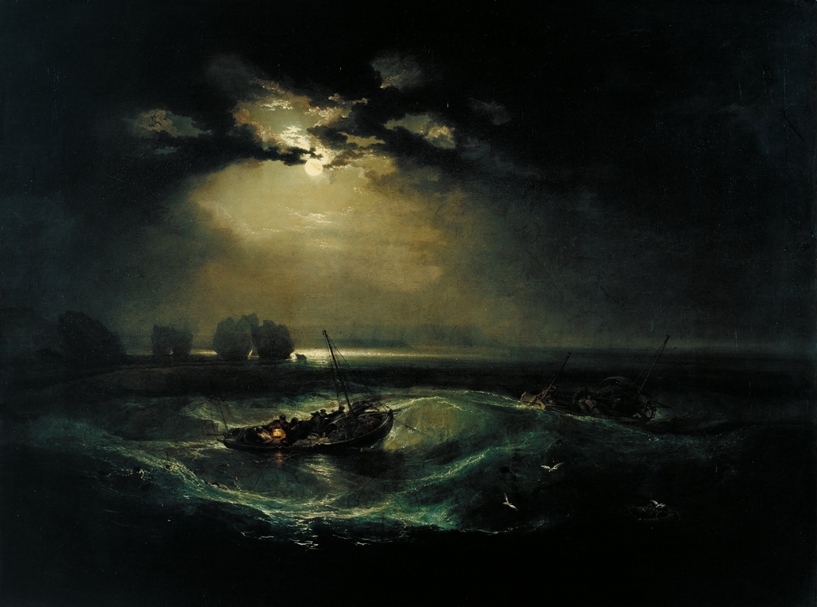 威廉．透納（Joseph Mallord William Turner）進入皇家藝術研究院（Royal Academy of Arts）後不僅在水彩畫上展現超人天份，首幅油畫作品《海上漁夫》（Fishermen at Sea）亦大獲好評。（Public domain）