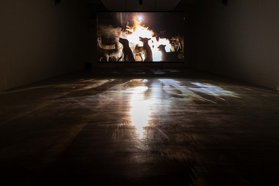 阿比查邦・韋拉斯塔古（Apichatpong Weerasethakul）《煙火（檔案）》，單頻錄像裝置、玻璃，2014。（藝術家與臺北市立美術館提供）