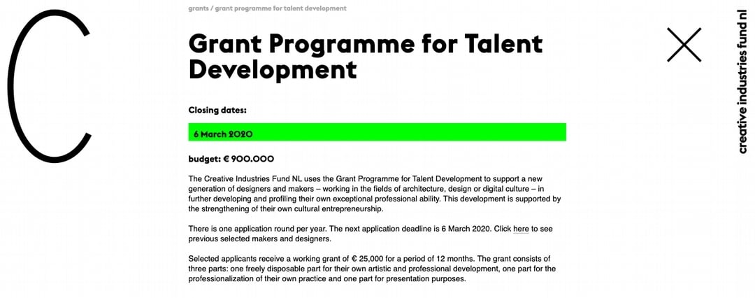 荷蘭創意產業基金的「talent development」項目，網站：https://stimuleringsfonds.nl/en/grants/grant_programme_for_talent_development/。（擷取自荷蘭創意產業基金官方網站）
