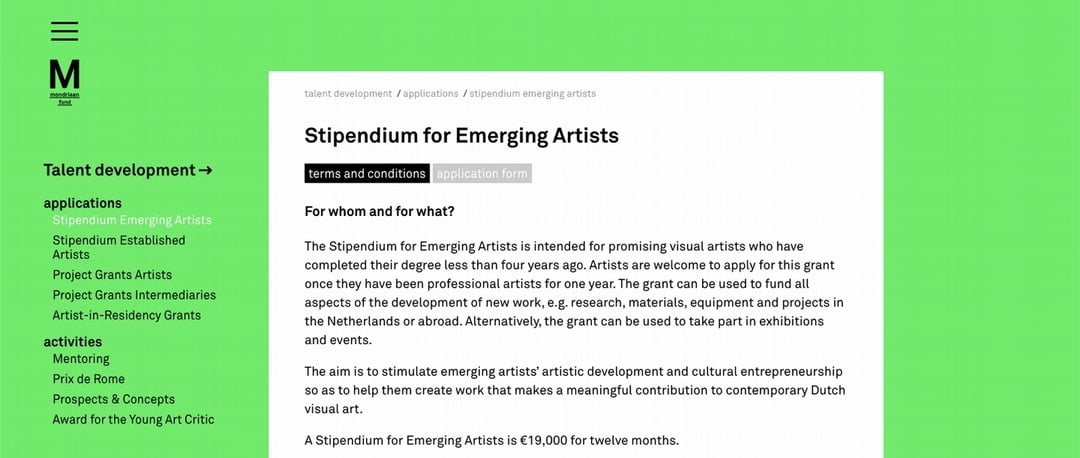 蒙德里安基金的「emerging artist」、「established artist」項目，網站：https://www.mondriaanfonds.nl/en/application/stipendium-for-emerging-artists/，https://www.mondriaanfonds.nl/en/application/stipendium-for-established-artists/。（擷取自蒙德里安基金官方網站）