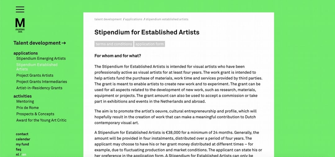 蒙德里安基金的「emerging artist」、「established artist」項目，網站：https://www.mondriaanfonds.nl/en/application/stipendium-for-emerging-artists/，https://www.mondriaanfonds.nl/en/application/stipendium-for-established-artists/。（擷取自蒙德里安基金官方網站）