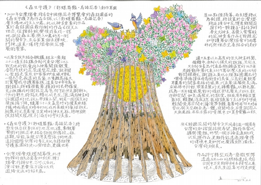 2020臺灣燈會主燈《森生守護．光之樹》作品草圖，以「一顆種籽蛻變成一棵參天大樹，由種籽的靈化身成為滿月與旭日，飄浮在台灣能量的年輪上。22條光帶大樹幹是縣市；368朵花苞是鄉鎮；2359片心型葉子是人民；飛舞的彩蝶及閤家歡的白耳畫眉在樹梢上相會。」為題旨。（達達創意股份有限公司提供）